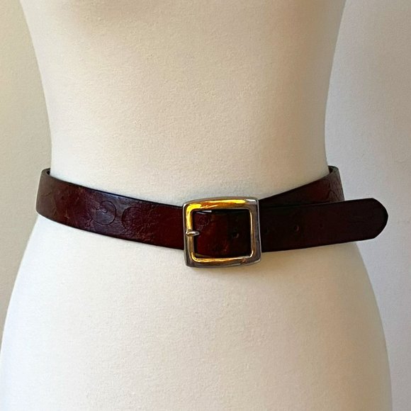 Floral Embossed Leather Belt with Solid Brass Buckle Vintage Brown Leather Belt - Picture 2 of 8